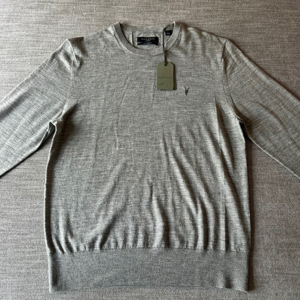 AllSaints Merino Wool Sweater Mens XL Grey NEW Ramskull Crew Neck Pullover - Picture 1 of 11